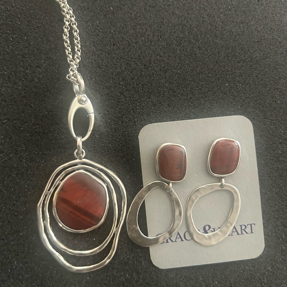 Silver and Brown Tigers Eye dangle earrings.  Necklace is listed separately. - Picture 2 of 2